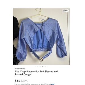 NWT Aureta Studio Blue Open Back Crop Blouse Puff Sleeve Ring Detail Top